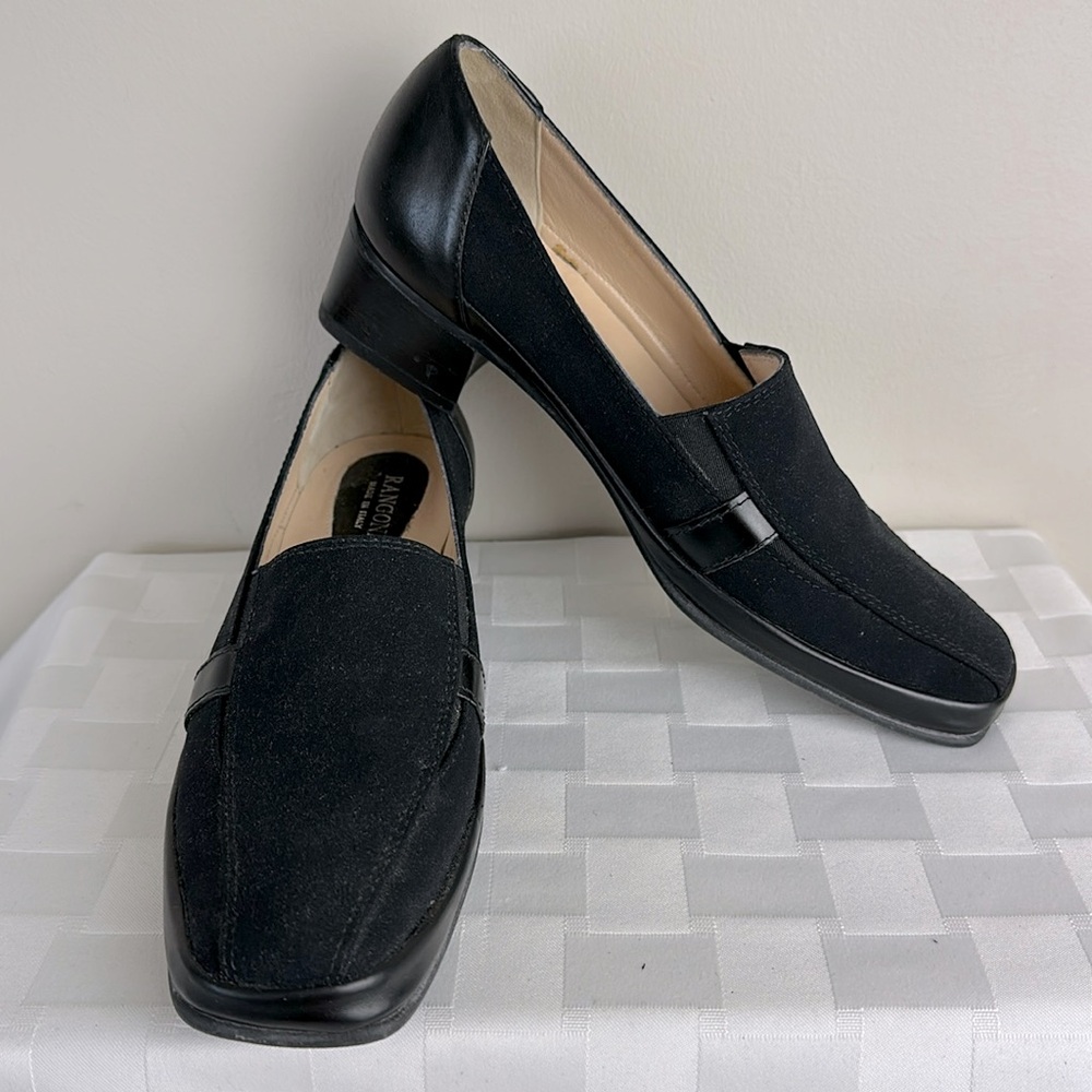 Rangoni black Leather Fabric slip on low heel shoe size 7 Narrow or 7AA